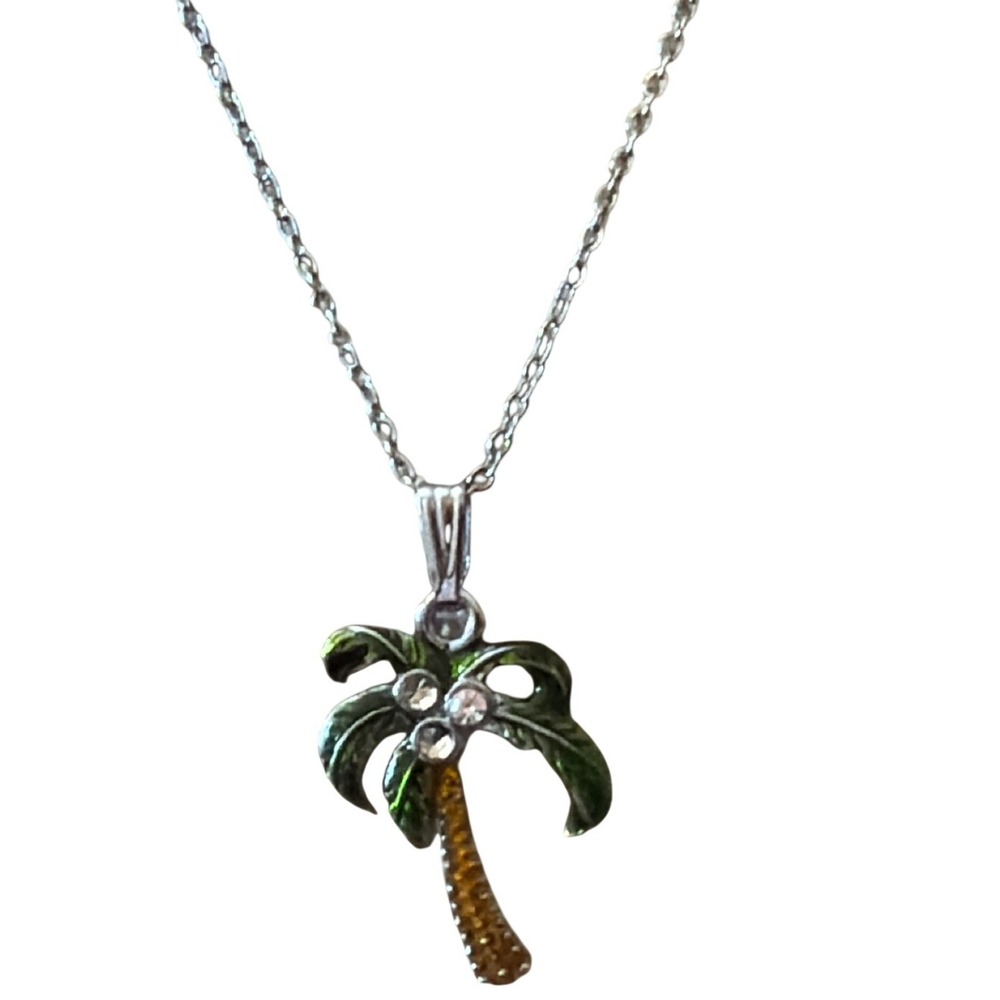 Silver Tone Palm Tree Pendant Necklace Green Enamel Rhinestone Tropical Beach